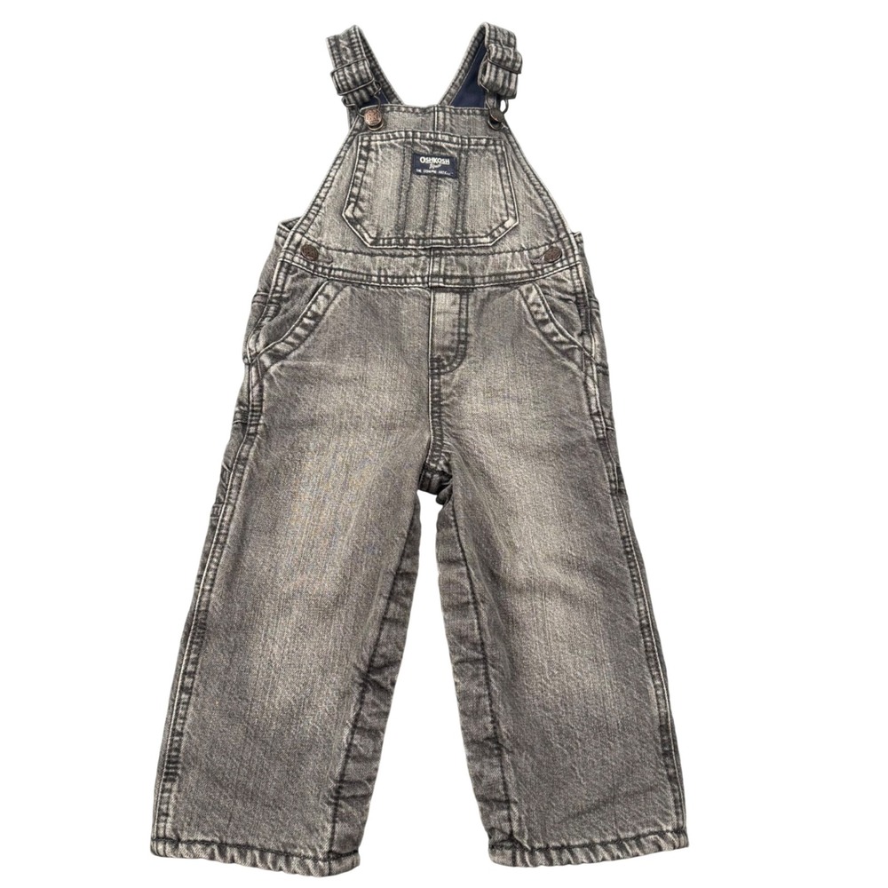 OshKosh Bgosh Toddler 18M Fleece Lined Grey Denim Overalls Carpenter Bib Snaps